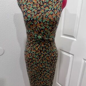 Abstract Print Sleeveless Dress with Tie Waist - Brown‎ Green
